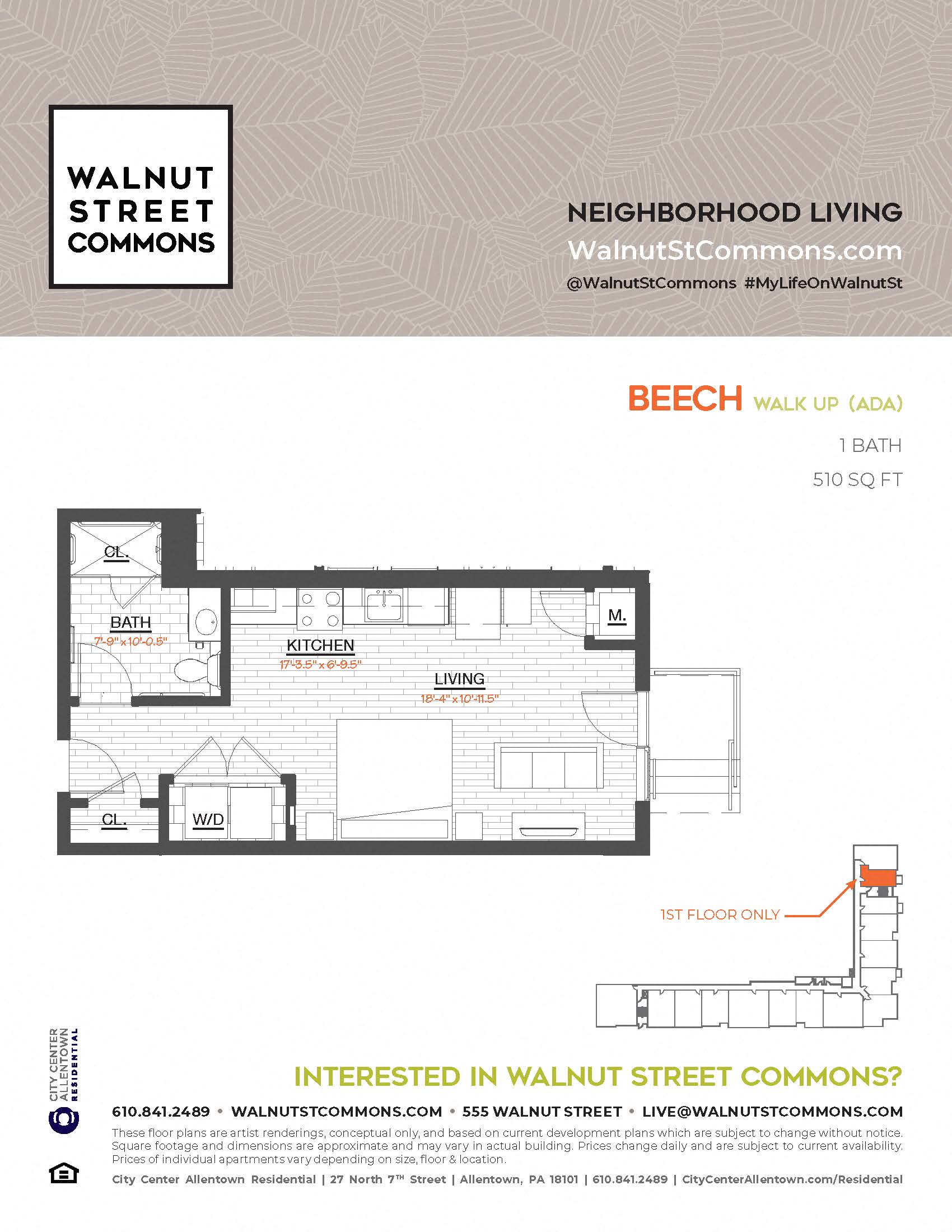 Floor plan for studio, 1 bath, 510 sqft
